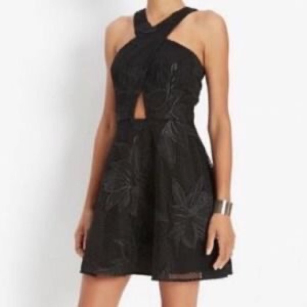 Jay Godfrey Cross Front Halter Embroidered Lace Cutout Mini Dress